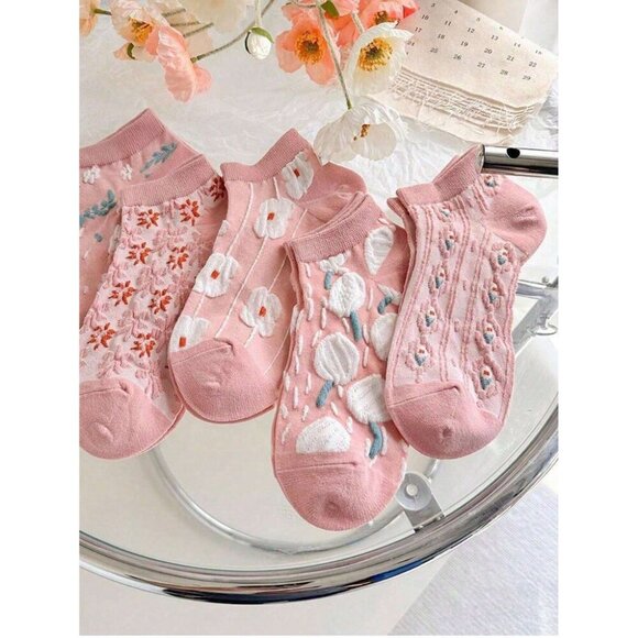 Women 5 Pairs Low-Cut Floral Print Ankle Short Socks Double-Line Anti-Slip - Picture 5 of 11